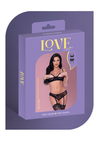 LOVE LACE CUPLESS BRA AND GARTERED CROTCHLESS PANTY SET
