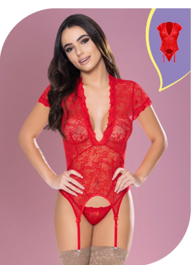 LOVE LACE CAP SLEEVE BASQUE & TANGA SET