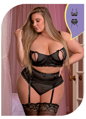 LOVE DOTTED MESH BRA, GARTER & PANTY SET