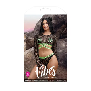 VIBES FANTASY LINGERIE FUCK UR RULES LONGSLEEVE CROP TOP PANTY PASTIES SET