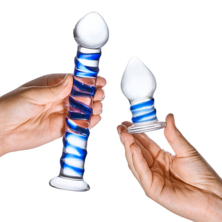 GLAS 2PC DOUBLE PENETRATION GLASS SWIRLY DILDO & BUTTPLUG SET