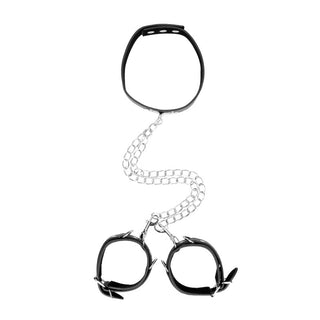 OUCH BLACK AND WHITE BONDED LEATHER COLLAR WITH WRIST CUFFS