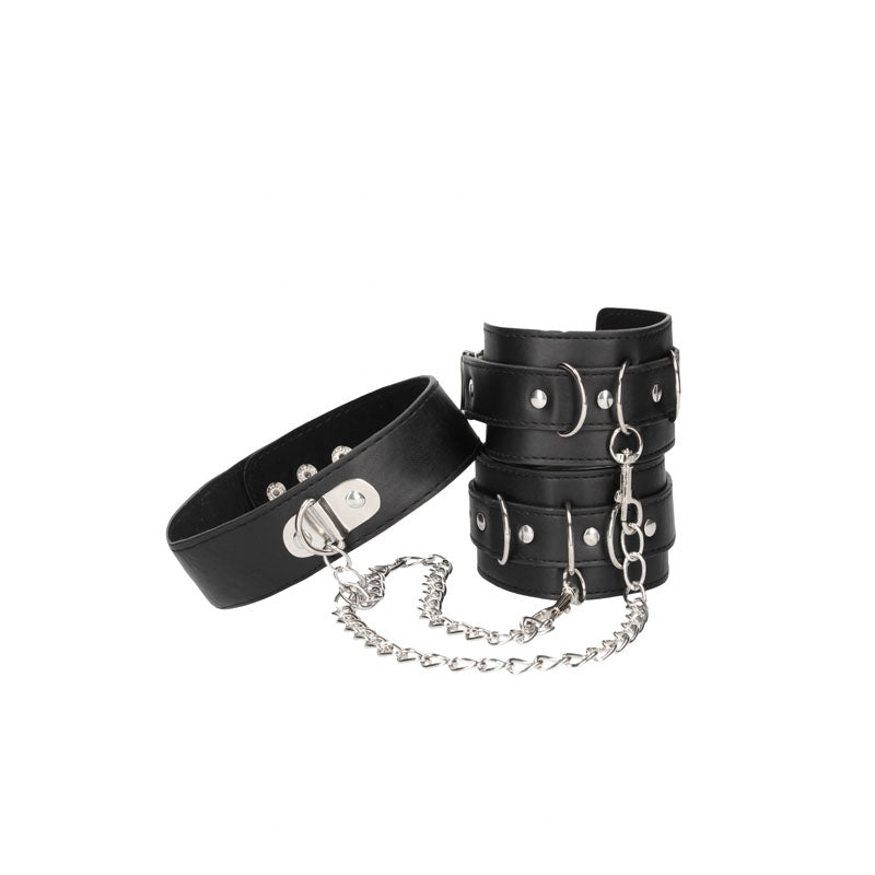 OUCH BLACK AND WHITE BONDED LEATHER COLLAR WITH WRIST CUFFS