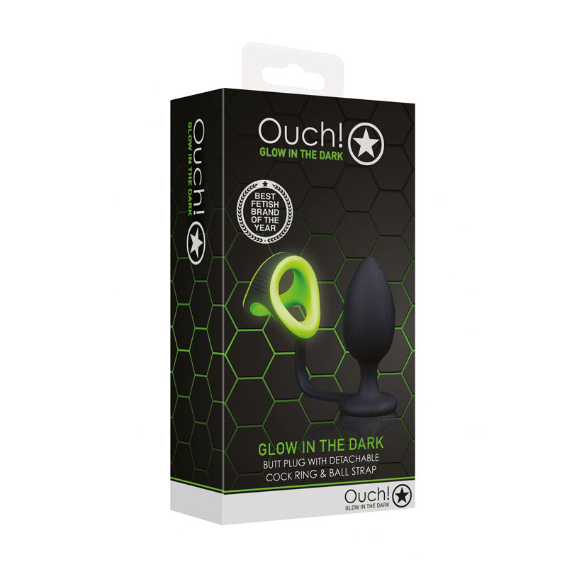 OUCH GLOW IN THE DARK BUTT PLUG WITH COCK RING AND BALL STRAP