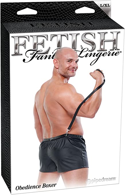 FETISH FANTASY LINGERIE OBEDIENCE BOXER BLACK BOXER WITH LEASH - L/XL SIZE - Flirt Adult Store